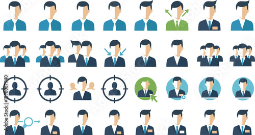 Business Man Avatar and Professional Profile Icon Set Showing Employee Selection, Recruitment, Targeting, Identification, and Corporate Workforce Concepts