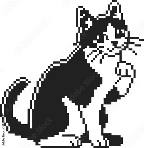Playful black and white pixel art cat sitting and licking paw in retro 8 bit on transparent background