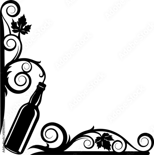 Elegant corner design with wine bottle and grapevine leaves in black silhouette for decoration and invitations