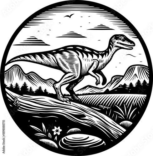 theropod dinosaur in prehistoric landscape with mountains, trees, and birds in black and white circle design