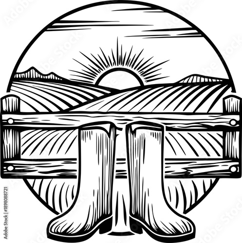 sunrise over farmland with wooden fence and rubber boots, rural landscape, country life illustration