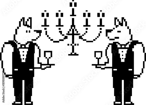 Two pixel art dogs in tuxedos holding wine glasses under a chandelier digital illustration