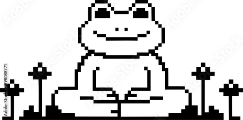 Pixel art frog sitting calmly in a lotus position surrounded by small plants, minimalist black and white illustration