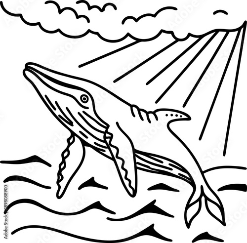 whale breaching ocean surface with sun rays and clouds in the sky, marine wildlife scene