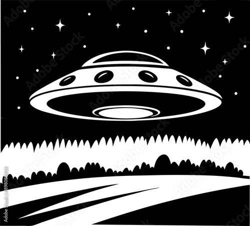 Ufo flying over forest at night under starry sky alien spaceship hovering above trees with glowing lights