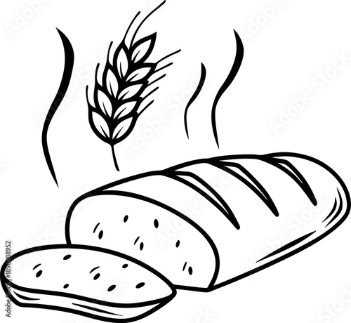 Freshly baked bread loaf with slice and steaming wheat grain illustration