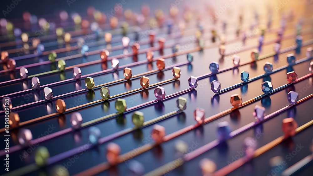Obraz premium Stylized quantum grid with multicolored geometric nodes aligned along parallel lines on a dark reflective surface representing data transmission, entanglement, and computation