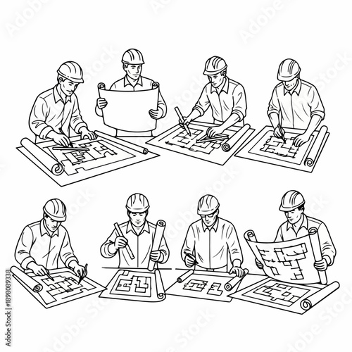 Black and white line art illustration set of male architects or engineers wearing hard hats, analyzing and drafting building blueprints and floor plans.