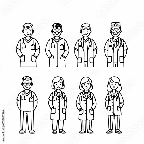 Black and white line art set of diverse healthcare professionals, featuring male and female doctors with stethoscopes and lab coats.