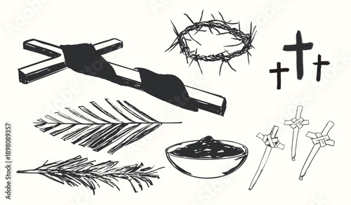Ash Wednesday Christian Symbols Cross Crown of Thorns Palm and Ashes Set