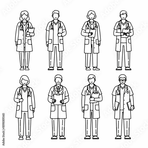Line art illustration set featuring diverse medical professionals, doctors, and healthcare staff wearing lab coats and stethoscopes.