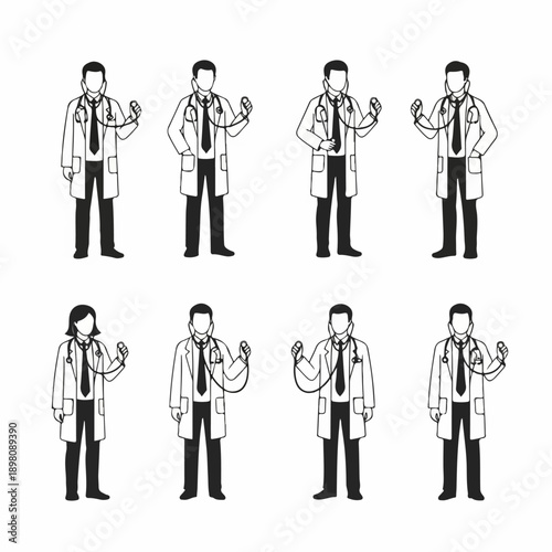 Minimalist black and white set of eight vector illustrations depicting doctors and medical professionals in lab coats holding stethoscopes.