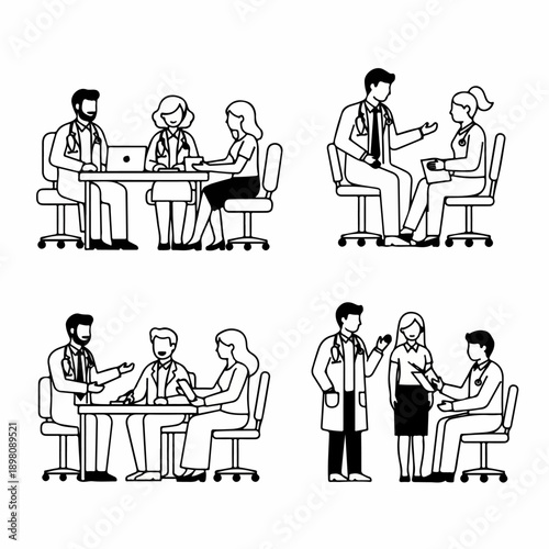Black and white outline vector set illustrating various medical consultation scenarios, featuring doctors, patients, and healthcare professionals collaborating in a clinic setting.
