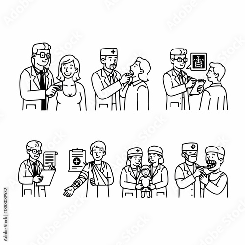 Monoline illustrations depicting doctor-patient interactions during checkups, treatment, injury care, and dental examinations in various healthcare settings.