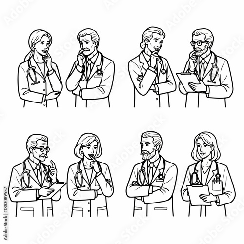 A collection of eight black and white line art illustrations of diverse professional doctors and medical staff contemplating or posing.