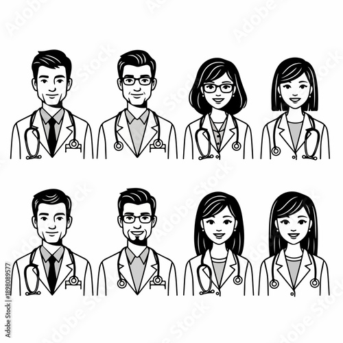 Black and white vector illustration set of diverse male and female doctors and healthcare professionals avatars wearing lab coats and stethoscopes.
