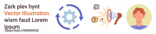 Workflow, communication, business strategy, marketing, teamwork, project planning. Circular gear surrounded by arrows, business icons and a male portrait. Workflow and communication concept