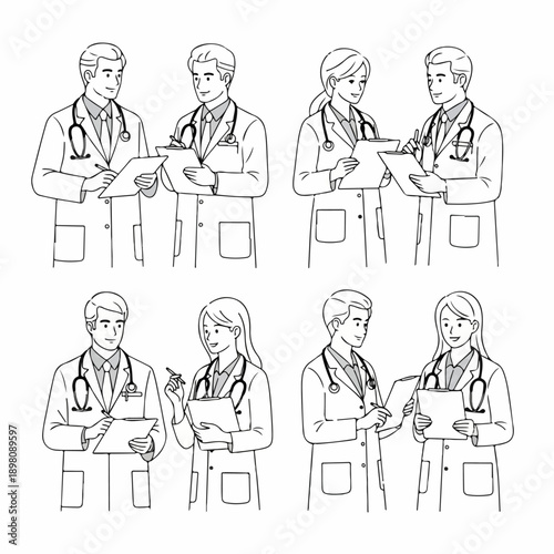 Set of black and white line drawings featuring doctors in lab coats collaborating and discussing patient files, symbolizing teamwork in healthcare.