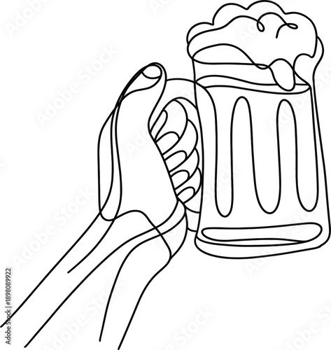 Clinking Beer Mugs Line Art Illustration, Cheers Toast Celebration Drinking Vector Isolated on White