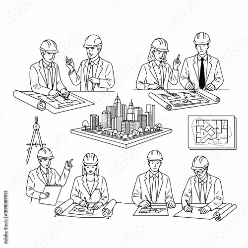 Architectural planning and design illustration featuring diverse engineers and builders reviewing blueprints and a city model.