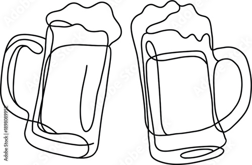 Clinking Beer Mugs Line Art Illustration, Cheers Toast Celebration Drinking Vector Isolated on White