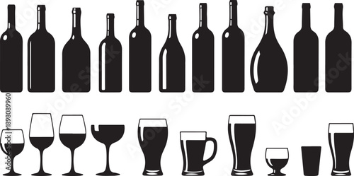 Assorted bottles and glasses in various shapes and sizes isolated on white background, Vector