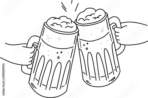 Clinking Beer Mugs Line Art Illustration, Cheers Toast Celebration Drinking Vector Isolated on White