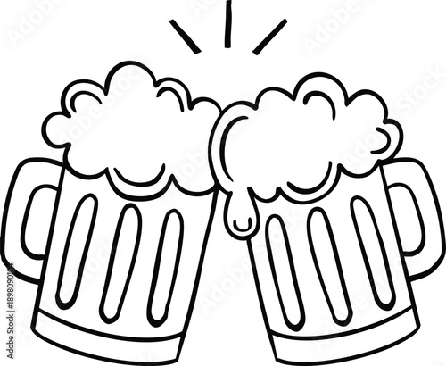 Clinking Beer Mugs Line Art Illustration, Cheers Toast Celebration Drinking Vector Isolated on White
