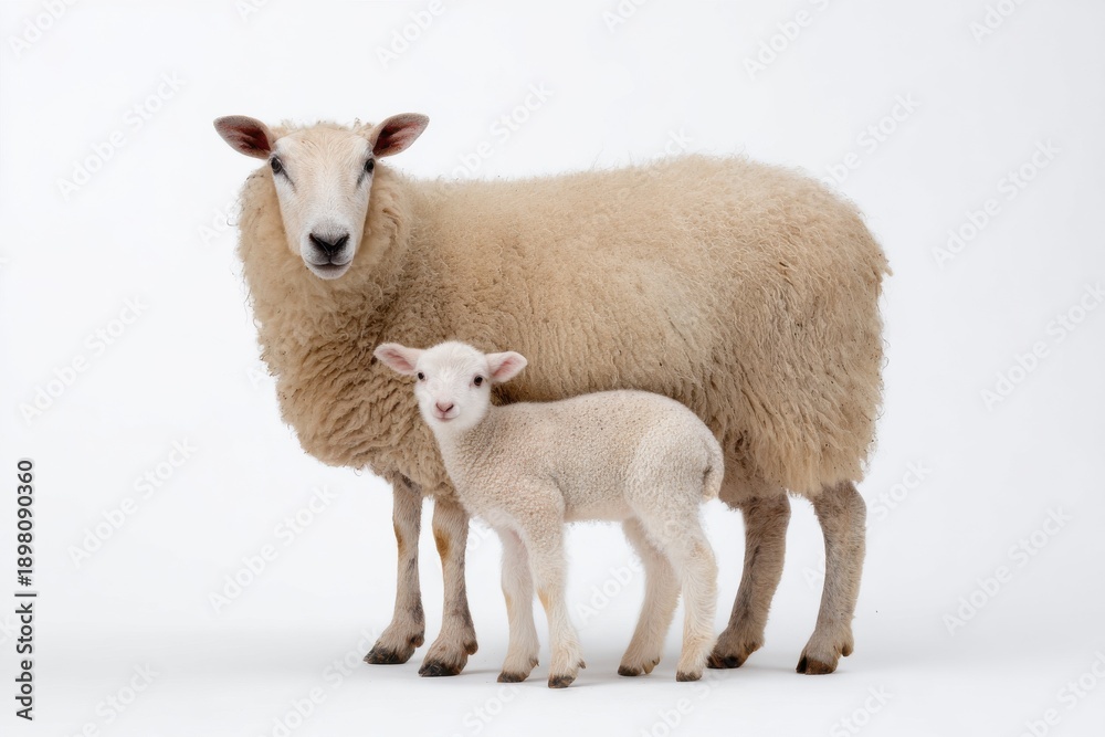 Obraz premium Adult sheep and lamb portrait on white background