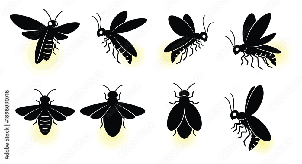 Fototapeta premium Glowing firefly silhouettes displayed from various angles against a clean white background