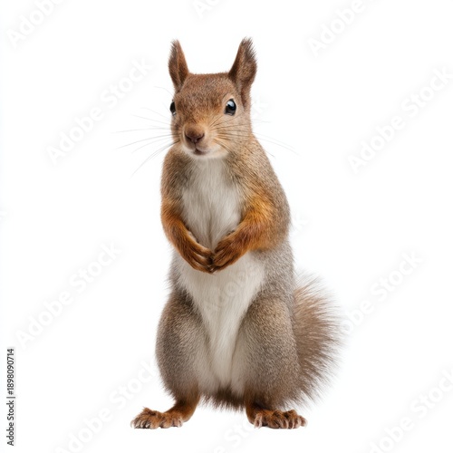 Alert squirrel posing upright on white background