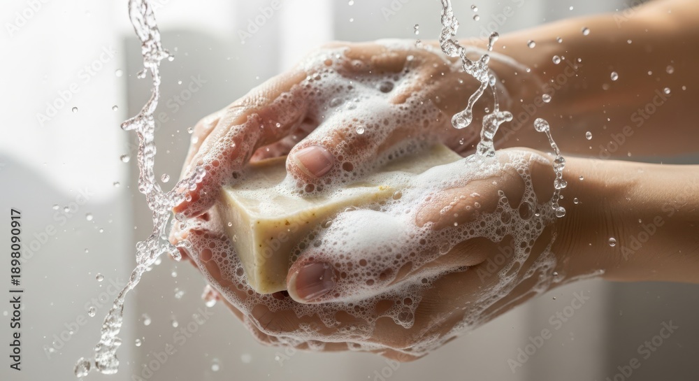 Fototapeta premium Hands Washing with Natural Soap and Water Splashes