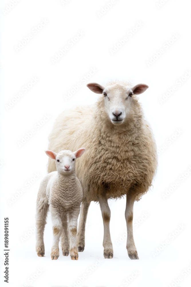 Obraz premium Sheep and lamb against white background