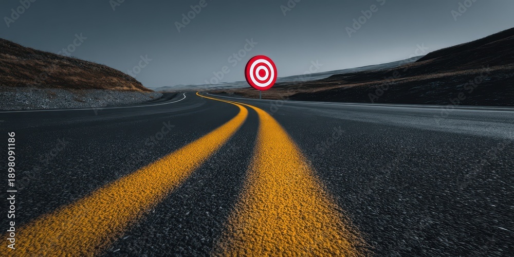 Fototapeta premium The Road Leading Toward a Distant Target Under Moody Sky at Dusk