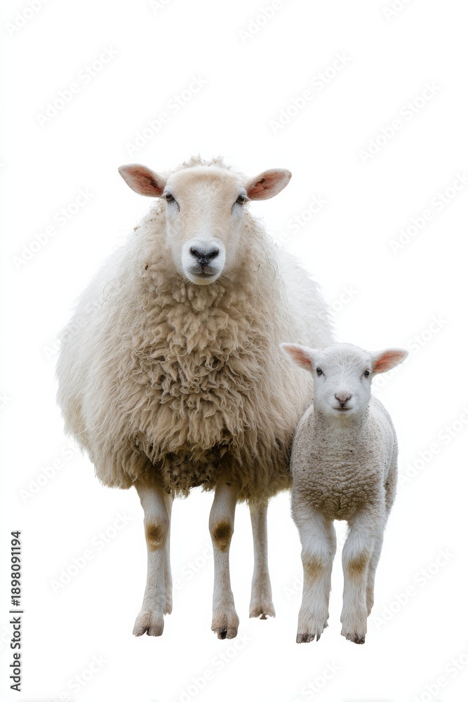 Fototapeta premium Mother sheep and lamb standing together on white background