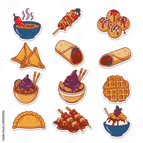 A vibrant collection of hand-drawn sticker illustrations showcasing diverse international street foods and sweet desserts, perfect for menus and digital projects.