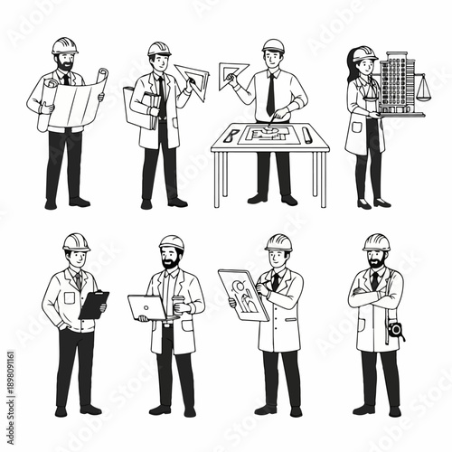 Black and White Doodle Set of Architects and Engineers. Construction Professionals Holding Blueprints, Tools, and Building Models.