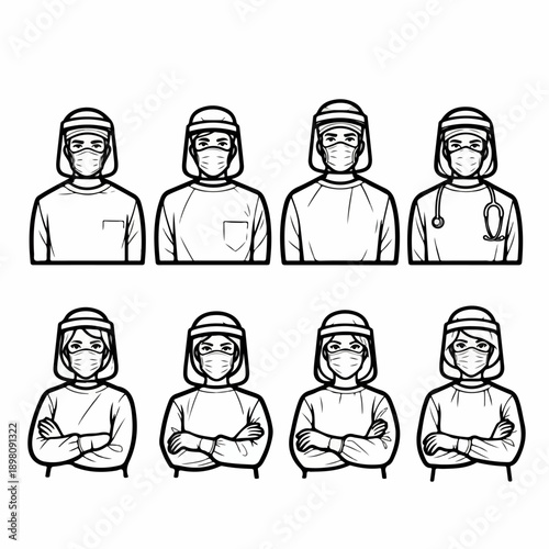 Black and white vector illustration set of doctors and nurses wearing face masks, face shields, and medical uniforms, representing healthcare workers during pandemic.