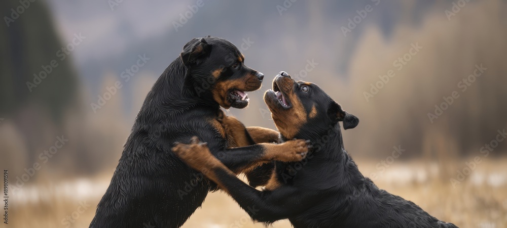 Fototapeta premium The Rottweilers playfully sparring in a misty meadow near a blurred forest