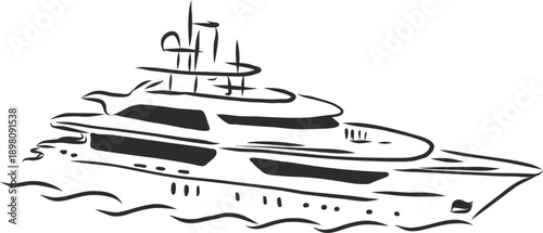 Luxury Yacht Sailing on Ocean, Modern Motor Boat Line Art Vector Illustration Isolated on White