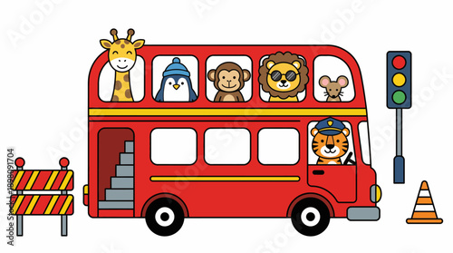 Adorable Cartoon Safari Animals on a Red Double Decker Bus. Tiger Driver and Cute Passengers. Kids Transportation Vector.