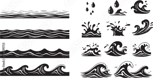 A collection of various wave and water patterns in black and white isolated on white background, Vector