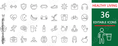 Premium line icon set for healthy living,  wellbeing, fitness,  meditation, wellness,  and mental health. Perfect for healthcare apps and yoga websites.