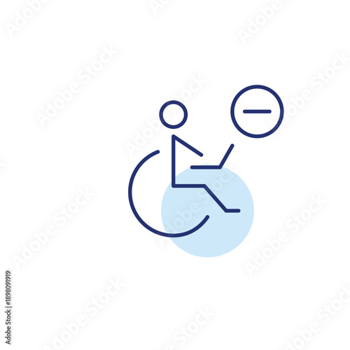 Wheelchair user working at laptop and minus. Pixel perfect, editable stroke vector icon