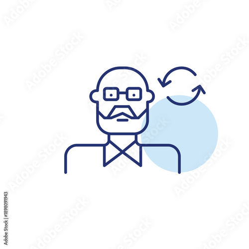 Senior update, profile renewal, elder care cycle. User avatar and refresh arrows. Pixel perfect, editable stroke vector icon