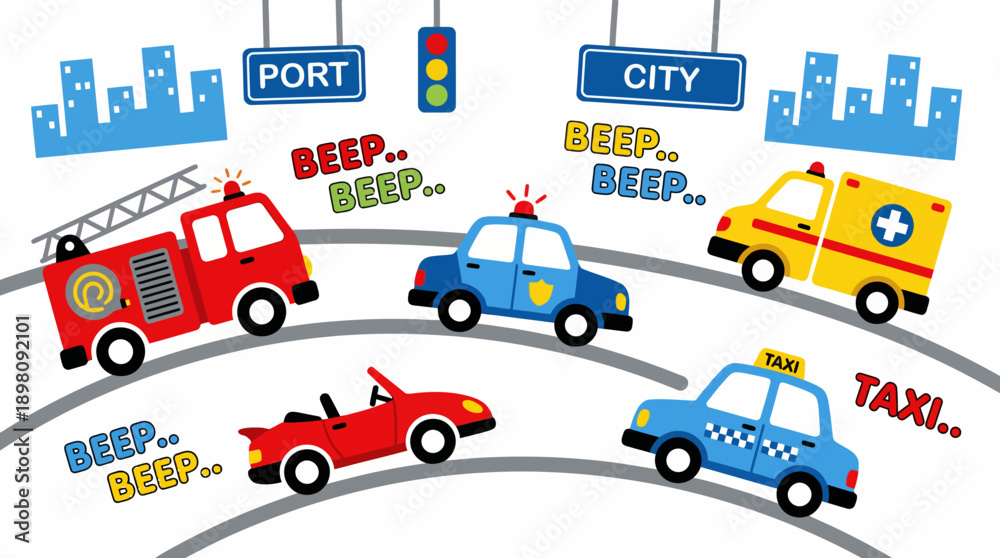 Fototapeta premium Cartoon City Traffic: Emergency Vehicles (Fire Truck, Police, Ambulance) and Taxi on Road, Cute Flat Vector Illustration for Kids Transportation Design.