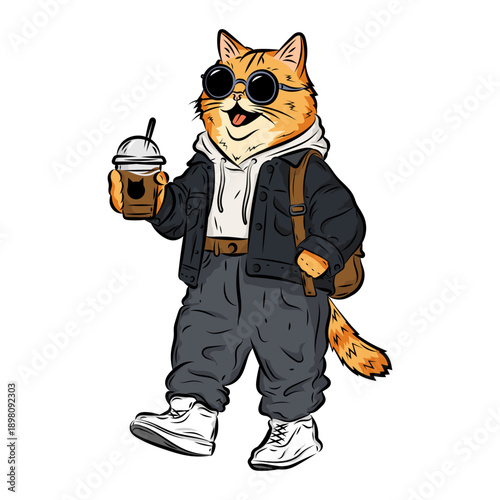 Cat on His Own Time with Coffee, Relaxed Independent Cat Character Illustration