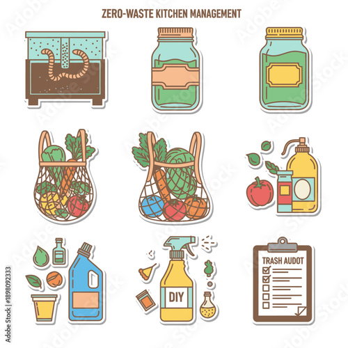 A comprehensive collection of eco-friendly illustrations showcasing essential tools and practices for achieving a sustainable, zero-waste kitchen lifestyle.