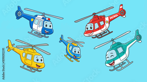 Collection of Five Happy Cartoon Helicopters Flying: Cute Police, Patrol, and Rescue Chopper Mascot Illustration Set for Kids' Transportation Design.