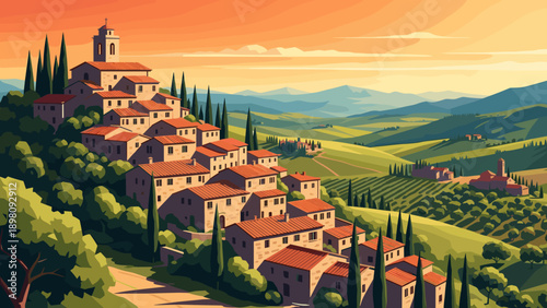 Charming village at sunset: panoramic view of a picturesque italian countryside
